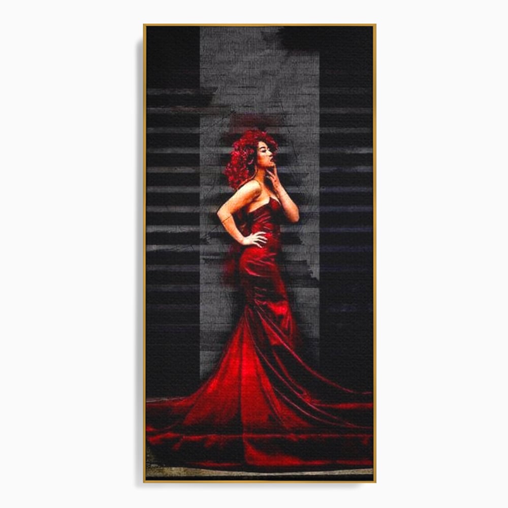 Tablou canvas cu tablou canvas cu femeie in rochie rosie, in rama de aluminiu auriu